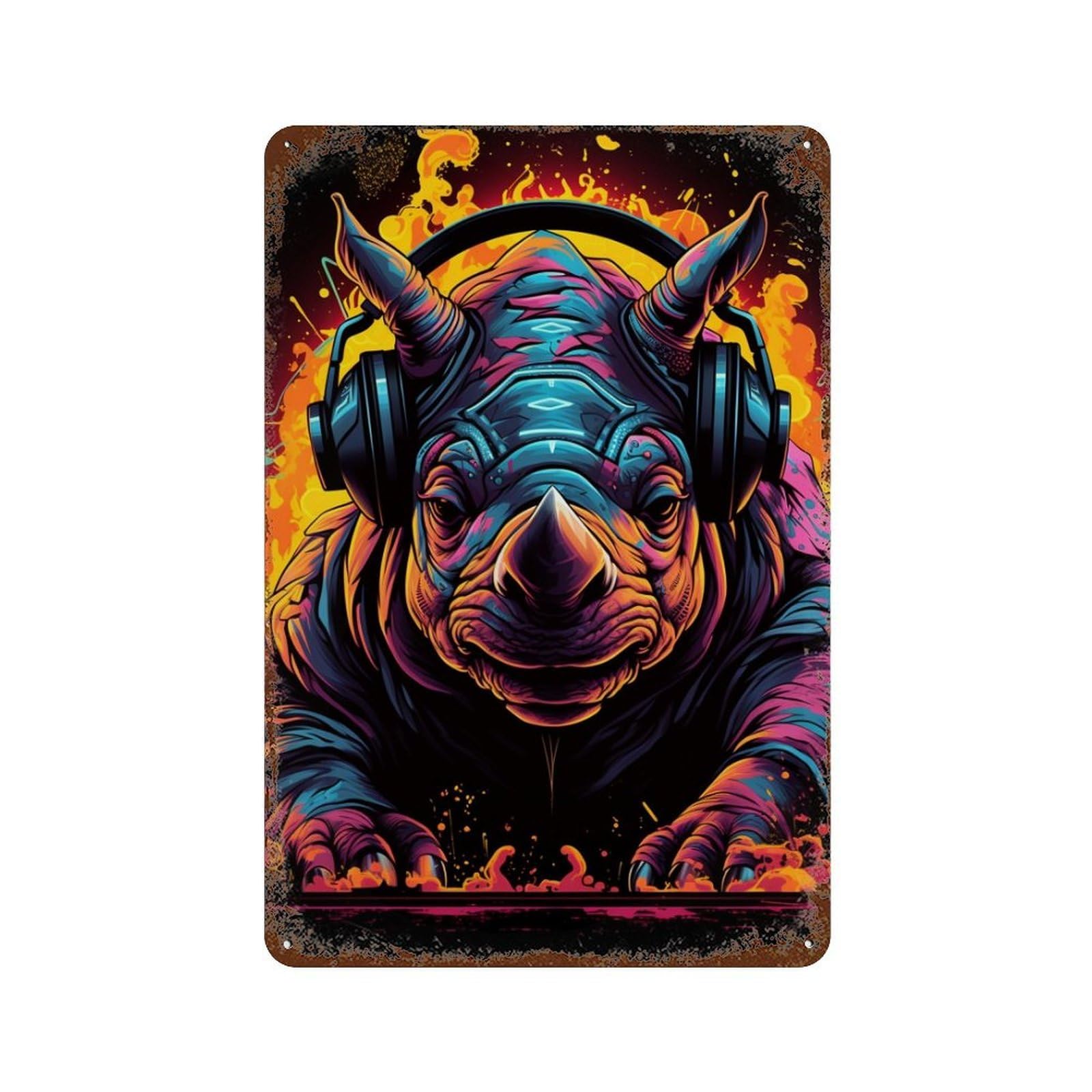 Rhinoceros DJ Headphones Art Print Vintage Rust Metal Sign 11.8"x7.9", for Basement, Hobby Room And Garage Decor, Retro Wall Decor