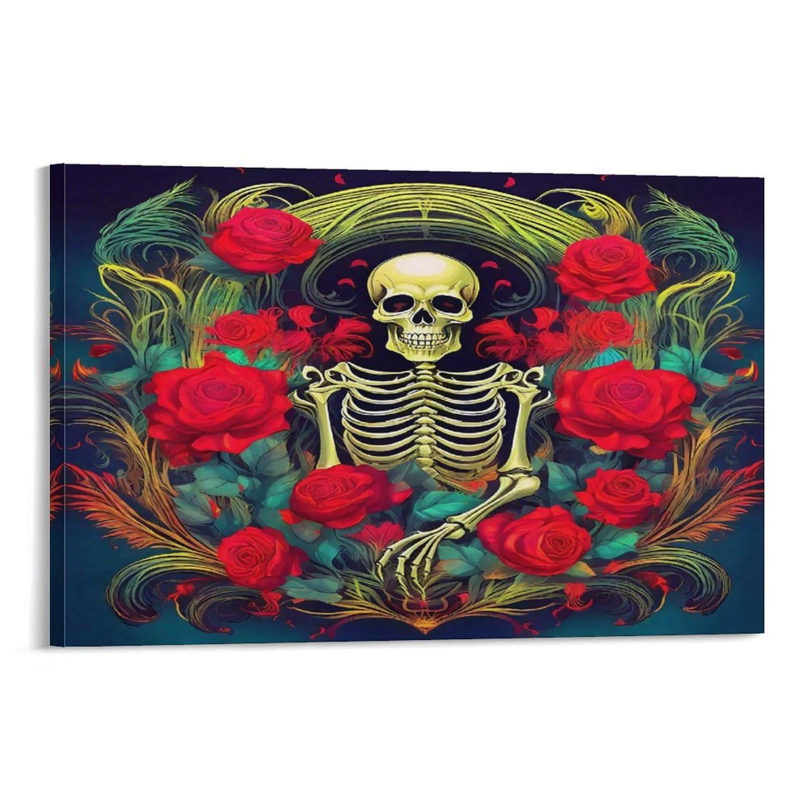 CPLVKWRQJ Skeleton with Red Roses And Feathers Individual Golden Skeleton Surrounded Vivid Red Roses Wall Art Decor - Kitchen Removable Canvas Wall Art Multi-Purpose Focal Point 12x18inch(30x45cm)