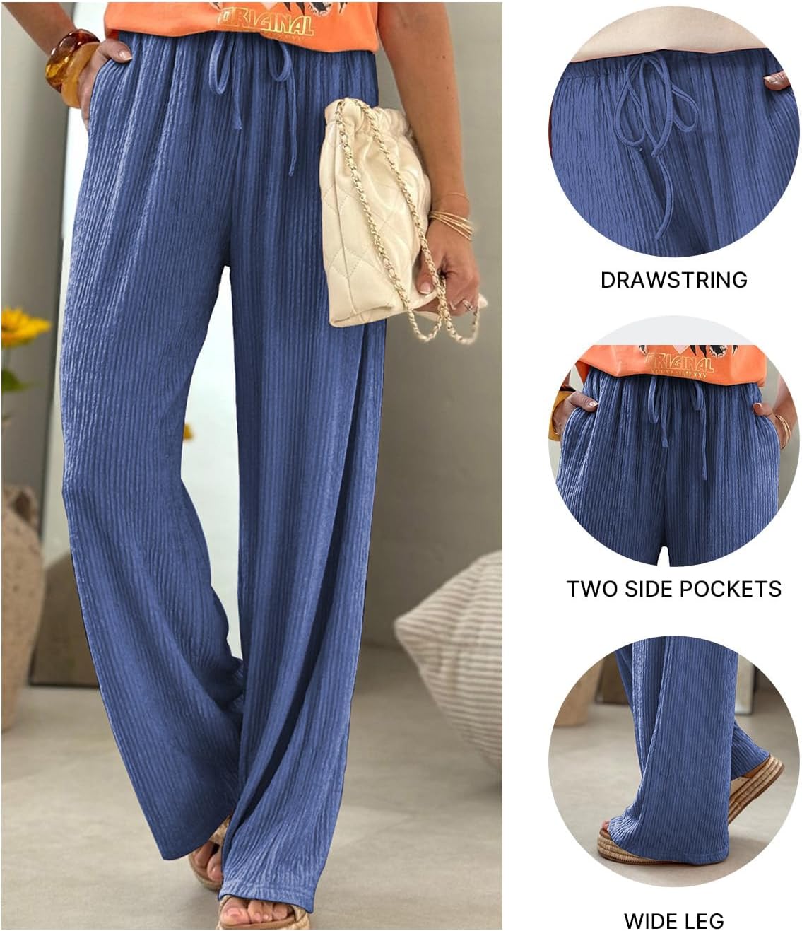 Samefar Womens Linen Pants Casual Summer Flowy Wide Leg Drawstring Palazzo Pants Work Business Trousers with Pockets - Image 6
