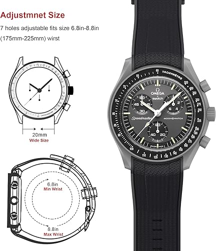 Vista 6 de Stanchev Correa para reloj Omega x Swatch MoonSwatchRolex de 0.787 pulgadas, silicona suave Omega X Swatch Moonswatch Speedmaster, correa curvada
