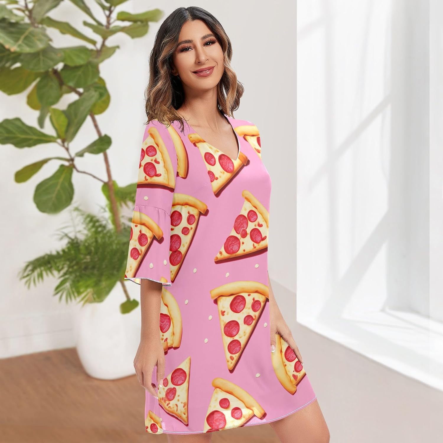 Pink Pizza V Neck Summer Dress 3/4 Sleeve Line Dress Woman S-XXL