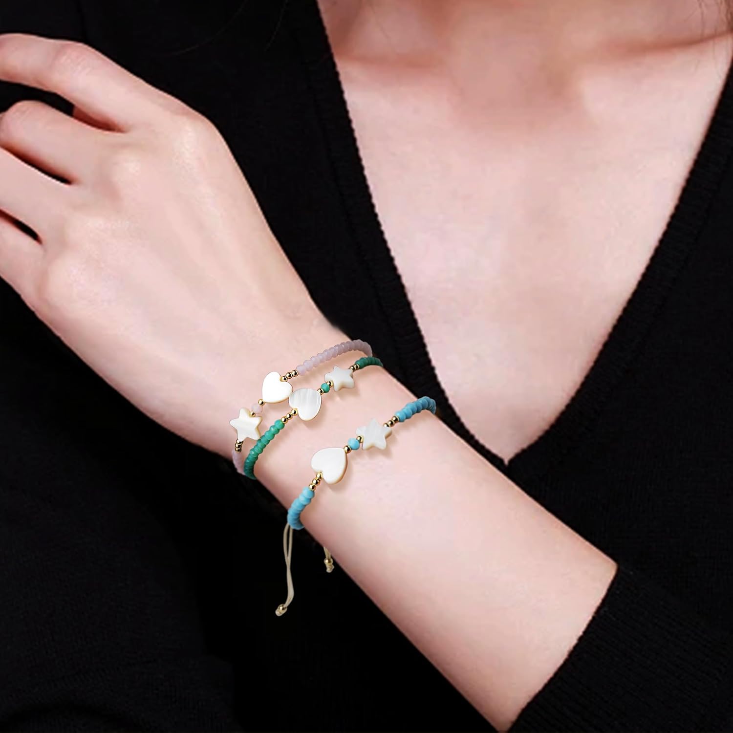 Valentines Day Handmade Stone Beaded Love Heart Star Strand Bracelets for Women, Cute Adjustable String Braided Boho Gold Beads Friendship Bracelets Holiday Prom Jewelry Gift - Image 3