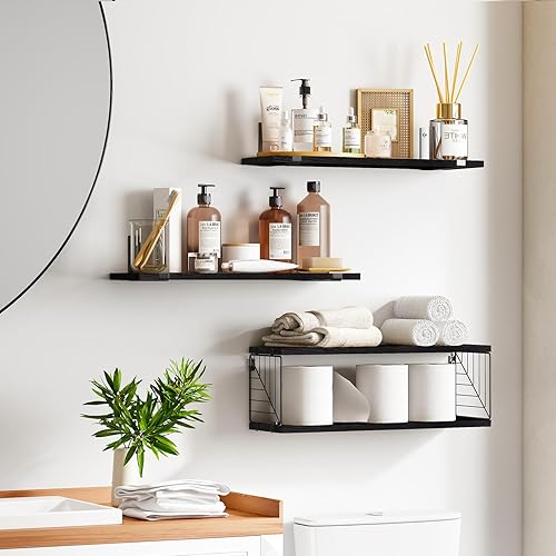 Miniatura 2 de Fixwal Estantes flotantes de baño de 3+1 nivel sobre el inodoro, estantes de madera rústica de 15.8 pulgadas, decoración de pared para baño, sala de