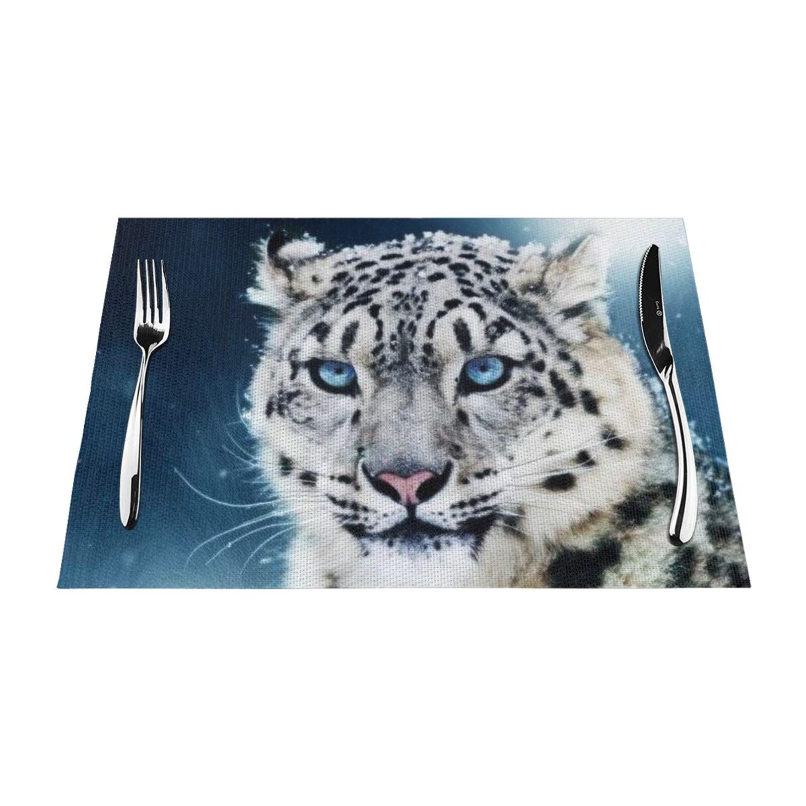 PVC Placemat Set of 6 PCS, 45x30 CM, Blue eyed snow leopard Printed Non-Slip Heat Resistant Place Mats for Kitchen Dining Table Indoor Outdoor