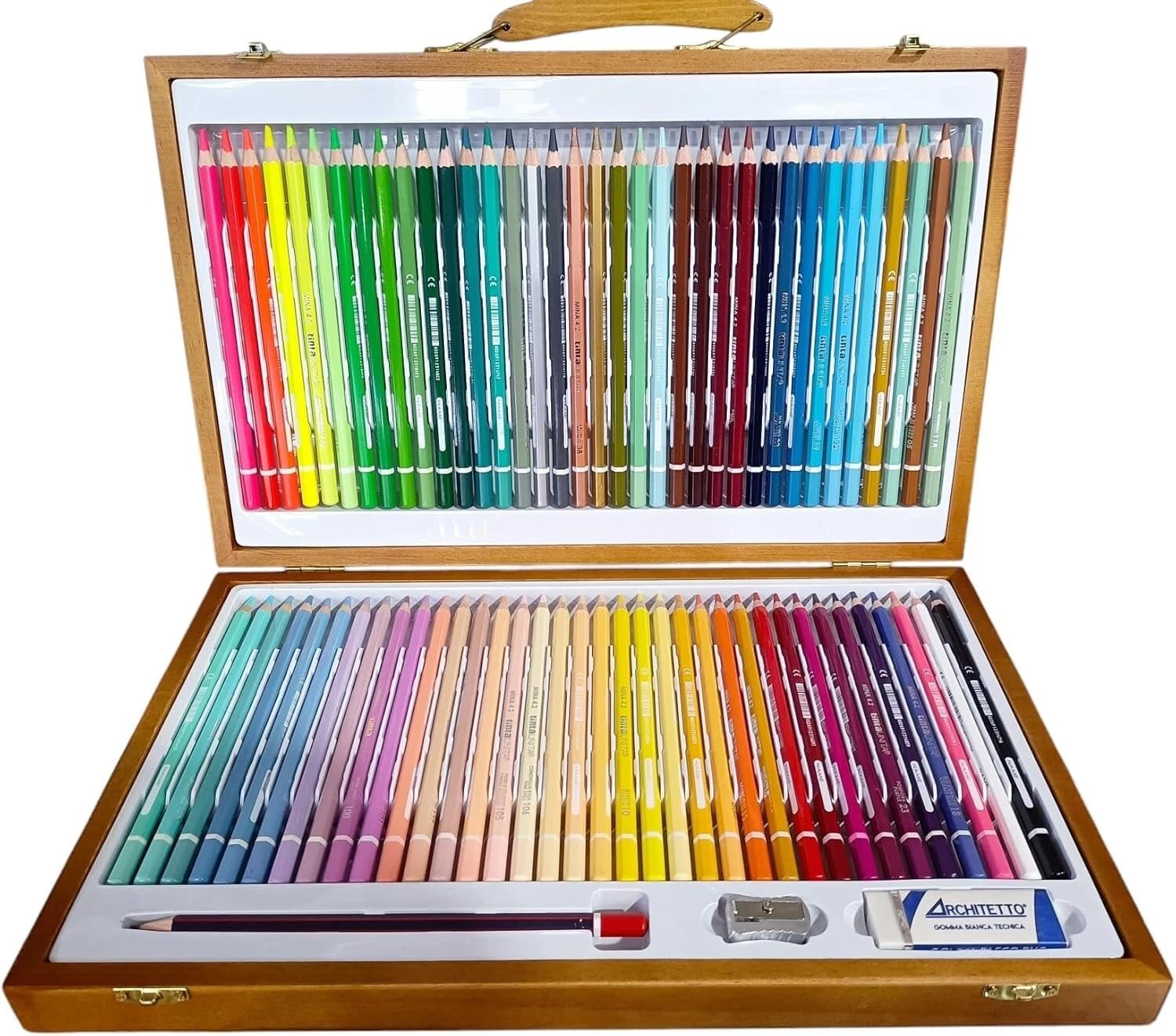 PRESTIGE & DELUXE La Valigetta dell'artista in legno - Art Box Pool Over 72 pastelli (36 Classic + 36 Pastel) in Legno MINA 4.2 con matita,gomma,temperino - omaggio penna pailettes 6 penne in 1