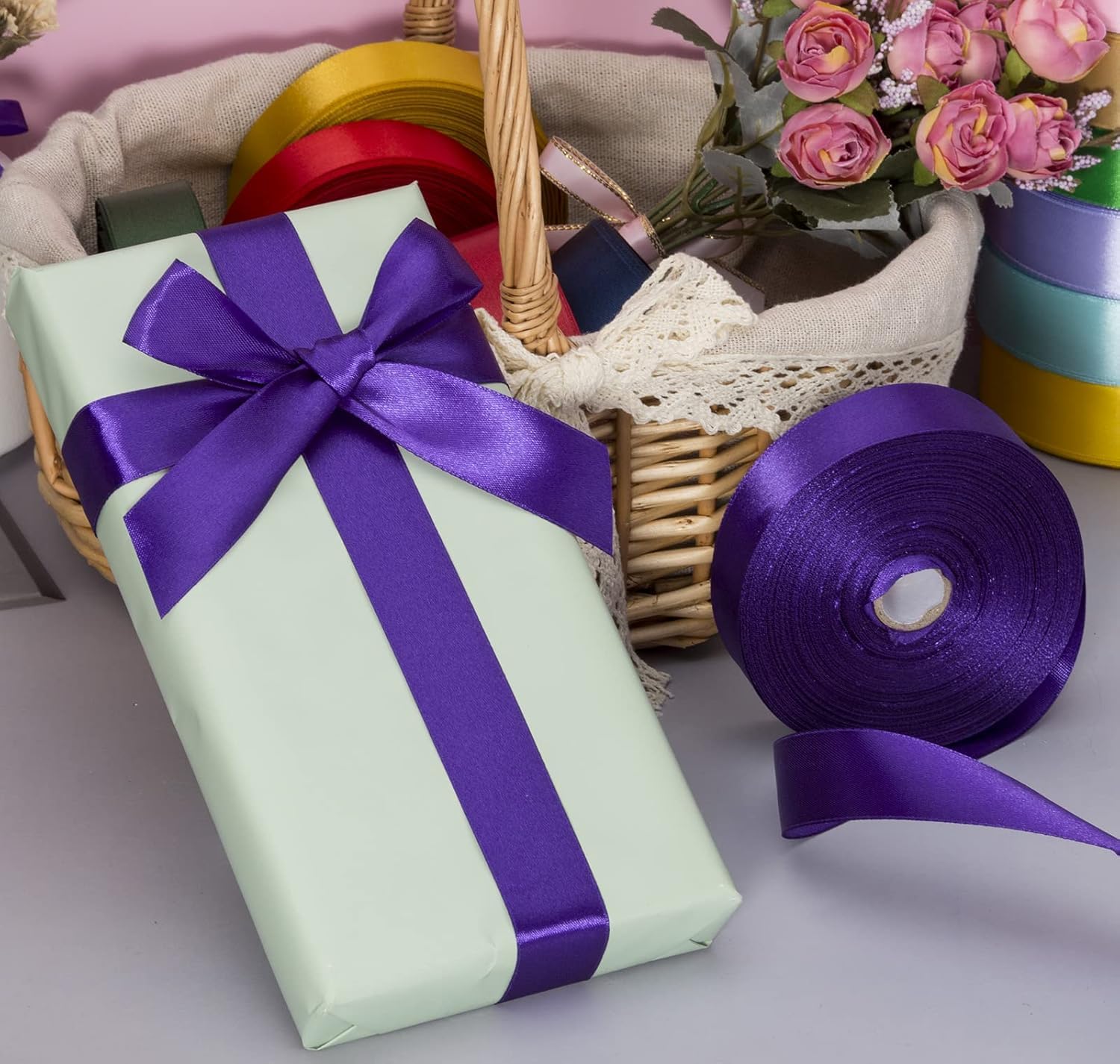 40mm Deep Purple Ribbon for Gift Wrapping 22M,Single-Sided Satin Ribbon Christmas Ribbion Gift Wrapping - Image 2