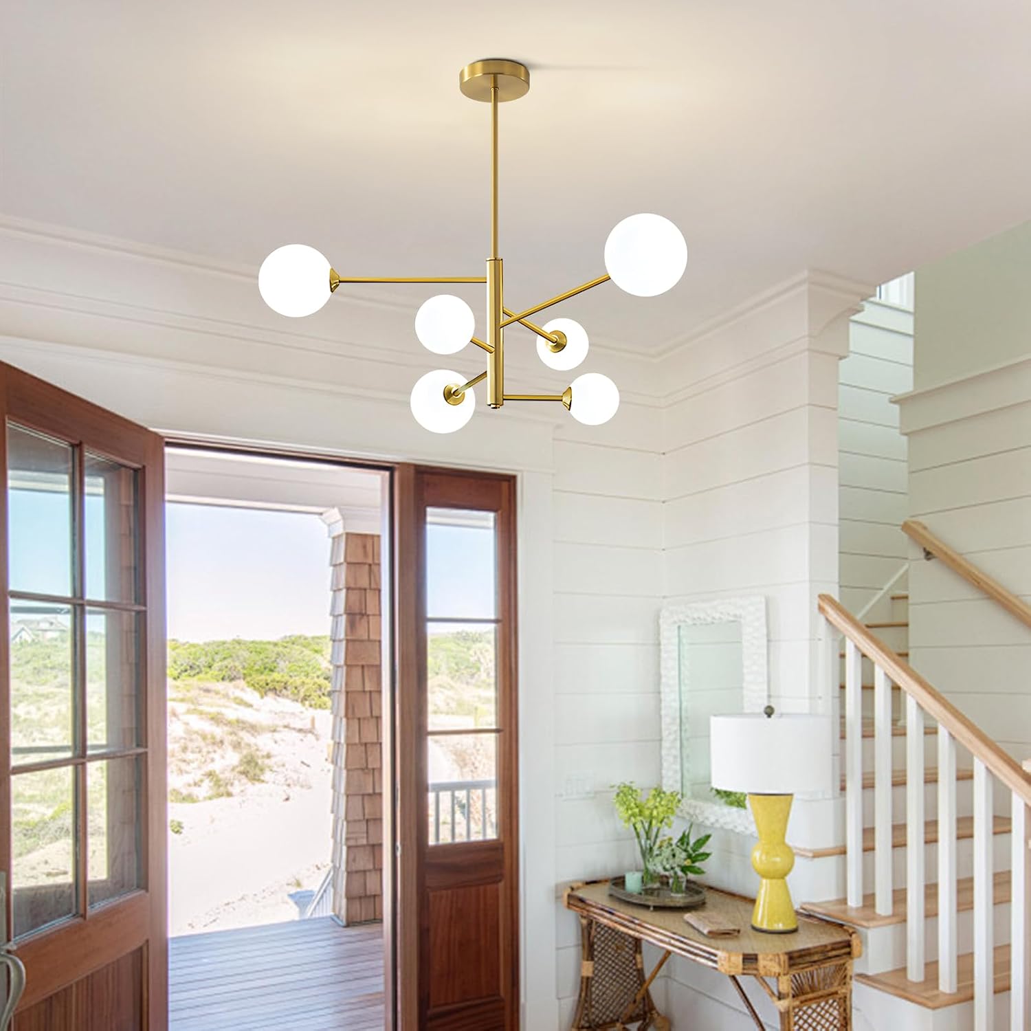 KCO Lighting Modern Gold Sputnik Chandelier 6 Light Sputnik Ceiling Light Small Milk Glass Dining Room Light Fixture Linear Chandelier for Kitchen Island