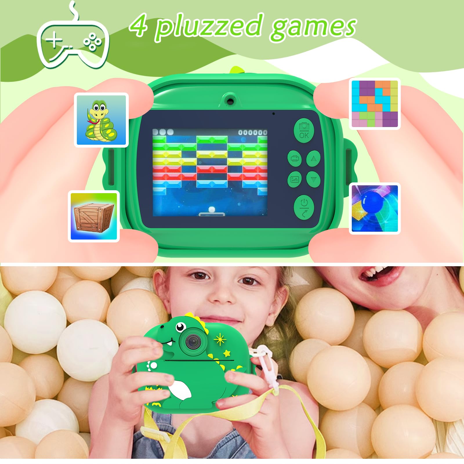 Kinderkamera Sofortbildkamera, 2,4 Zoll Display Digitalkamera für Kinder mit Druckpapier & 32G TF Karte, 1080P HD VideoKamera mit farbigen Stiften, Geschenk für Kinder 3-12Jahr