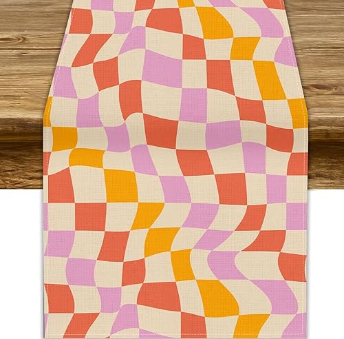 Miniatura 11 de Camino de mesa ondulado de los años 70, retro, hippie abstracto, vintage, verde, rosa, con estampado de ondas para el hogar, cocina, comedor, patio,