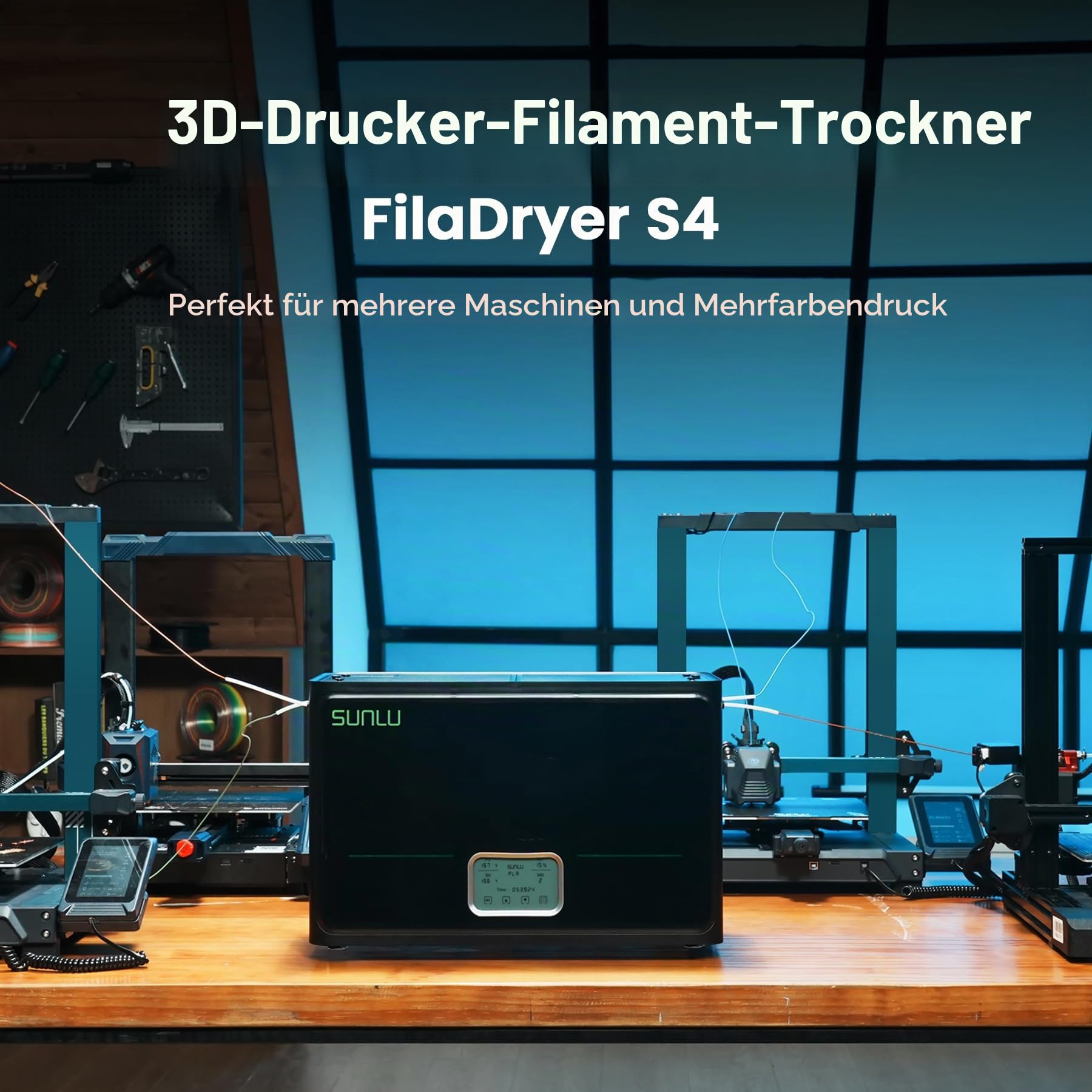 SUNLU S4 Filament Trockner für 4 Spulen, bis 70°C für PLA/PETG/TPU/Nylon | 3 Umwälzventilatoren, 350W PTC Heizelement, 4-Spulen Filamenttrockner für Nylon TPU PLA PETG ABS 1.75mm/2.85mm, Schwarz