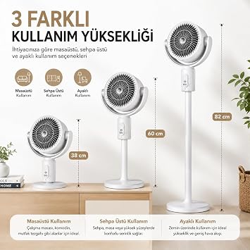 Şarjlı Ayaklı Vantilatör, 5 Hız Kademeli, Uzaktan Kumandalı, Type-C Şarj, Sessiz Brushless Motor, 120° Salınım, 180° Açı Ayarı, 1-8 Saat Zamanlayıcı, Masaüstü ve Ayaklı Kullanım, 10W