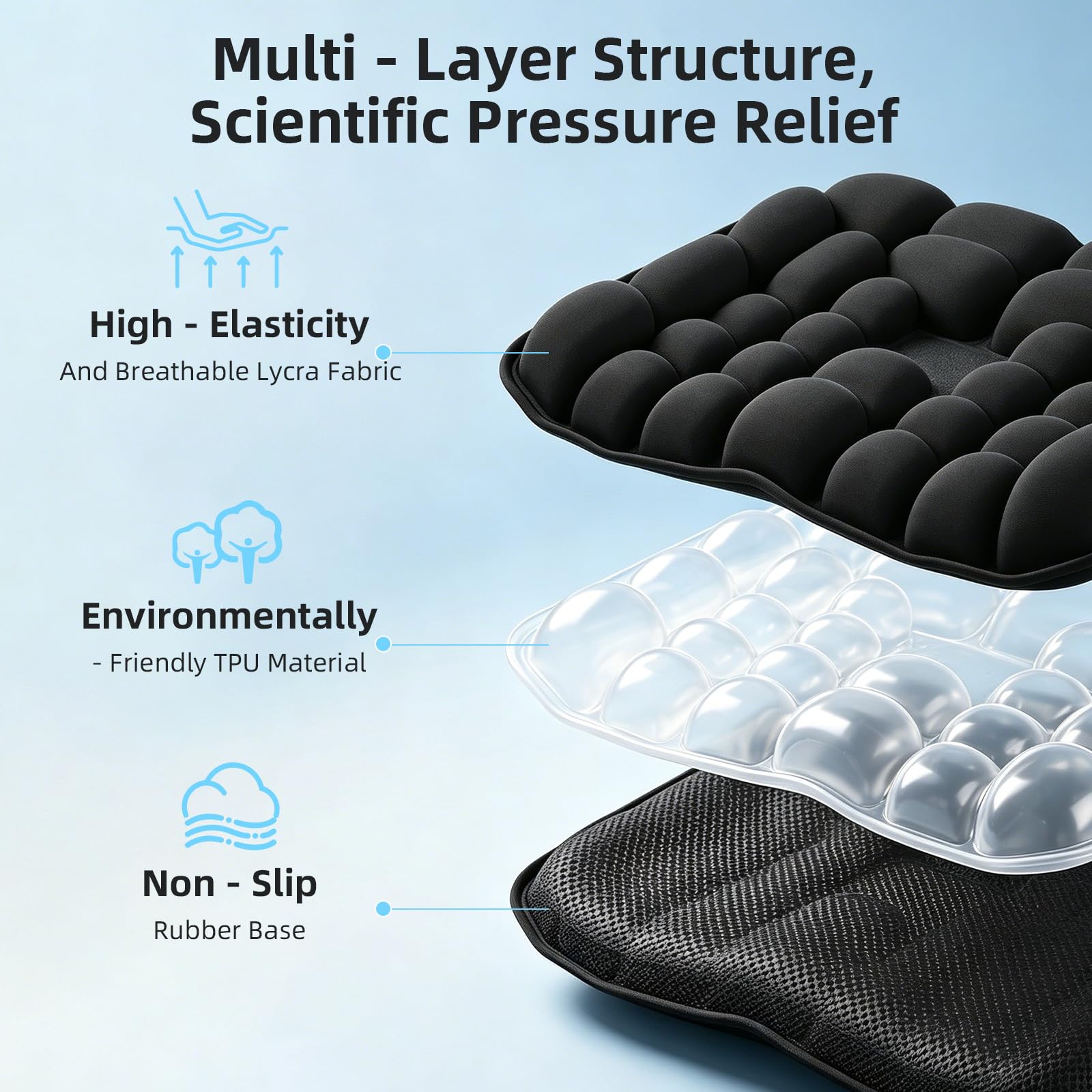 45 x 40 cm, cojín de asiento antidecúbito, ortopédico ergonómico, cojín de asiento ergonómico con células de aire 3D, cojín inflable para coche, oficina, hogar, silla negro