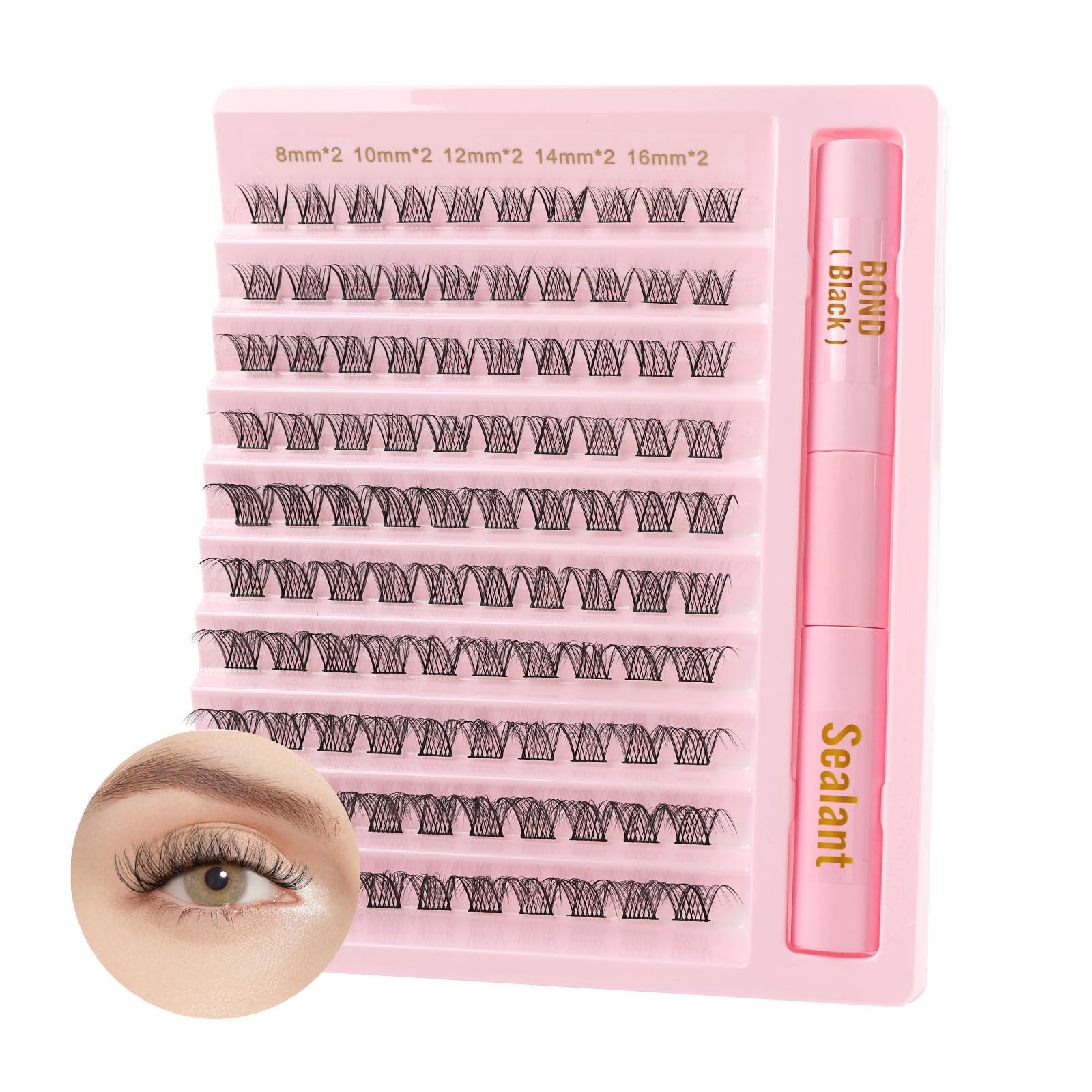 Poiuyoiu Cluster Lashes Set D Curl Pestañas individuales 8-16 mm Pestañas postizas con pegamento para pestañas Bond and Seal Extensiones de pestañas Pestañas artificiales naturales reutilizables