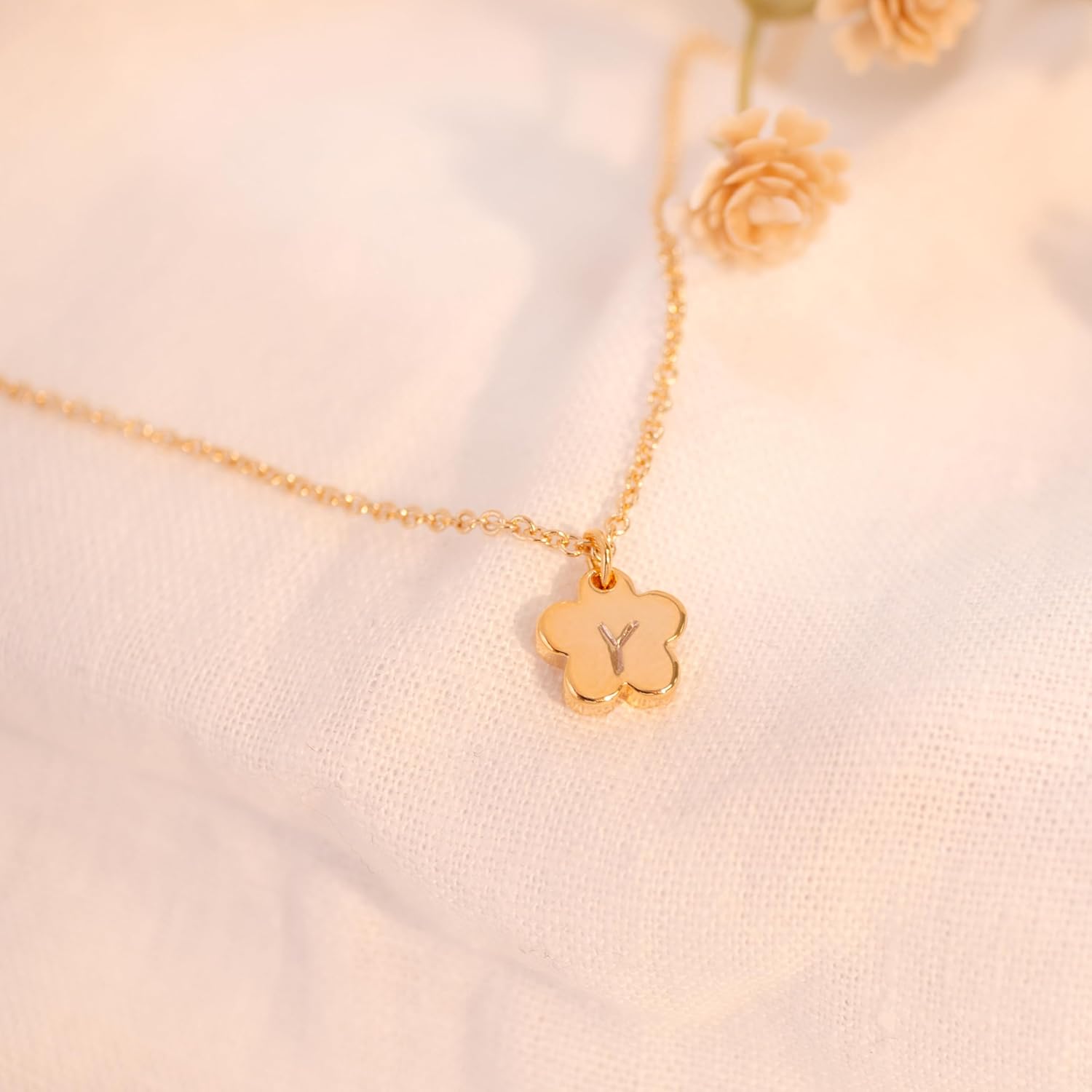 Petite Boutique Initial Flower Pendant Necklace Dainty Gold Flower Hand Stamped Personalized Delicate Initial Charms Necklace Best Graduation Day Gift