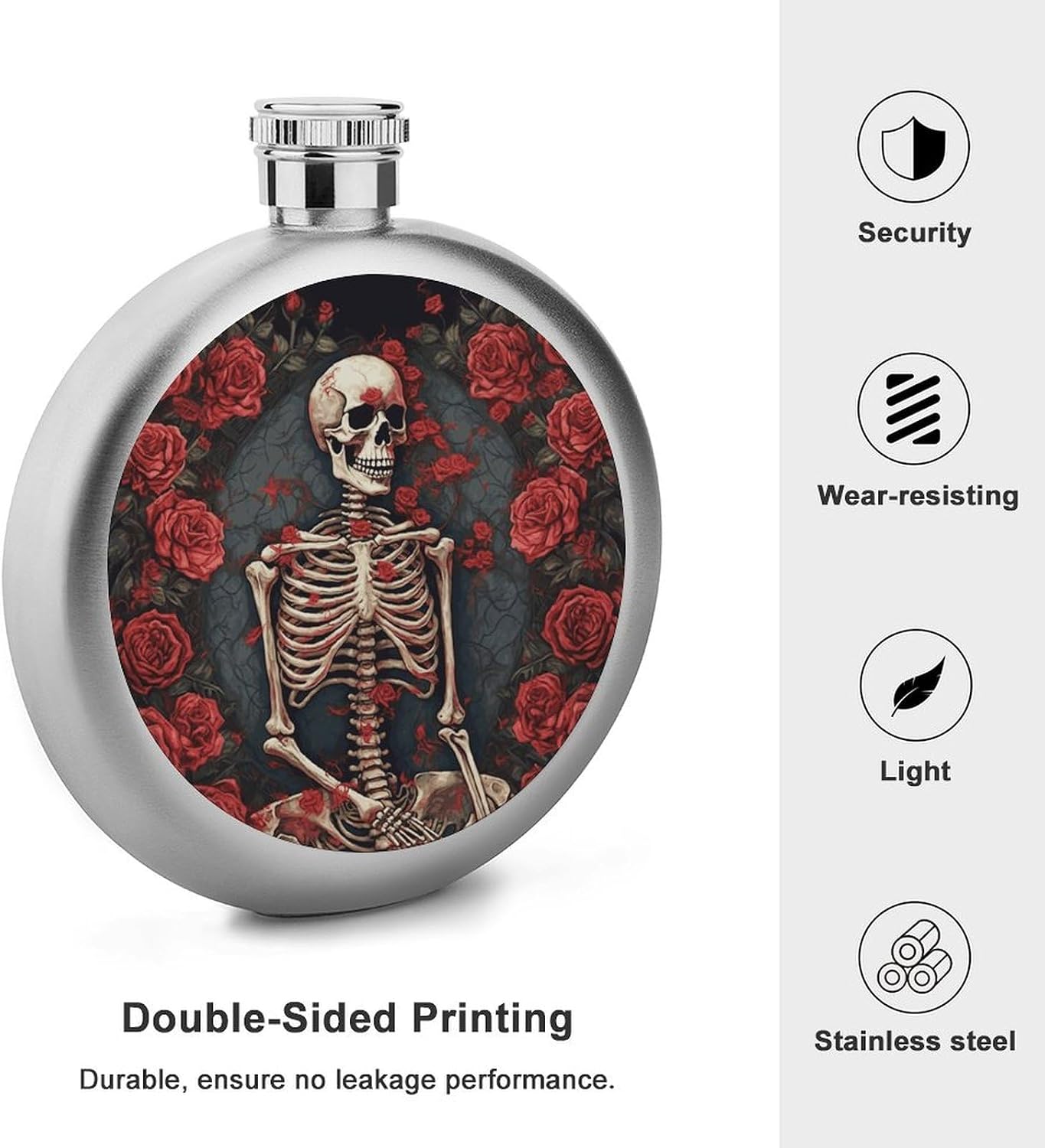 Skeleton with Roses Hip Flask 5 Oz Round Stainless Steel Mirror Polished Wine Pot Portable Pocket Wine Whiskey Flask Small Drinking Flasks Drinkware for Men Women