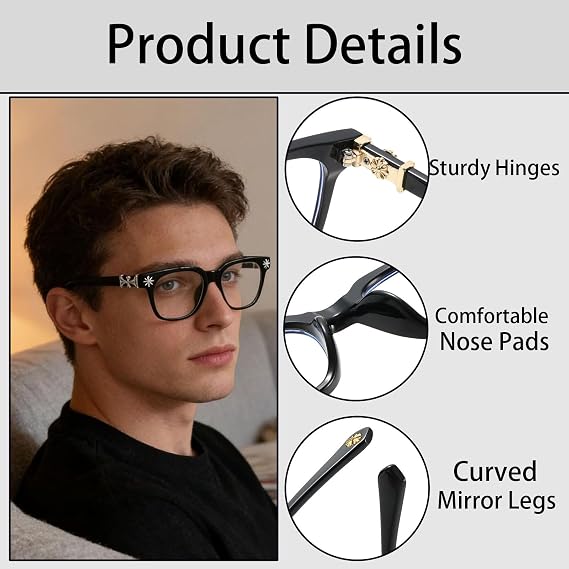 3 Pcs chrome hearts glasses, Adjustable glasses, Clear Frame Design, With Stylish Metal Details, elegant chrome accents and decorative floral emblems on the temples