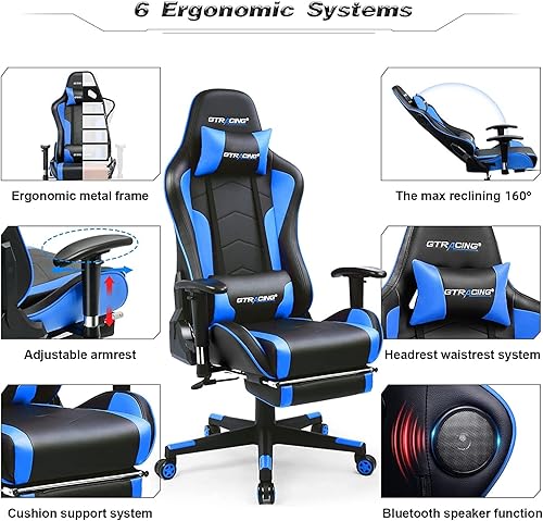 Miniatura 7 de GTRACING Silla de juegos con reposapiés y altavoces Bluetooth, silla de videojuegos de música, silla ergonómica de alta resistencia para computadora