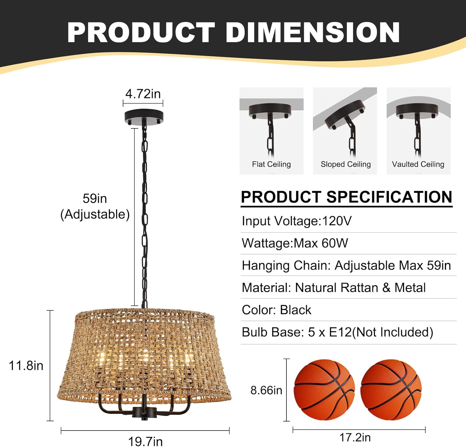 Hand-Woven Rattan Chandelier Vintage Farmhouse Boho Bamboo Chandeliers Light Fixture Retro Drum Wicker Rattan Black Chandelier for Dining Room, Kitchen, Living Room