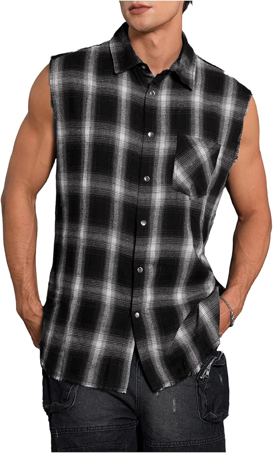 Men's Sleeveless Shirts Plaid Raw Trim Button Down Muscle Tank Tops