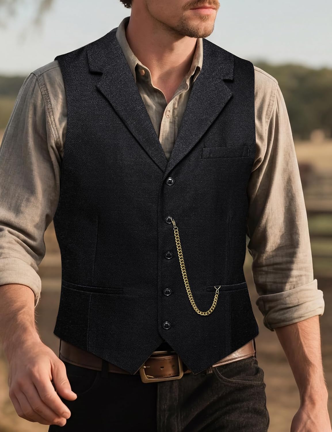 Barry.Wang Tweed Vest Tie Suit Western Cowboy Waistcoat Classic Vintage 3PC Notch Lapel Business Causal Wedding Prom Party