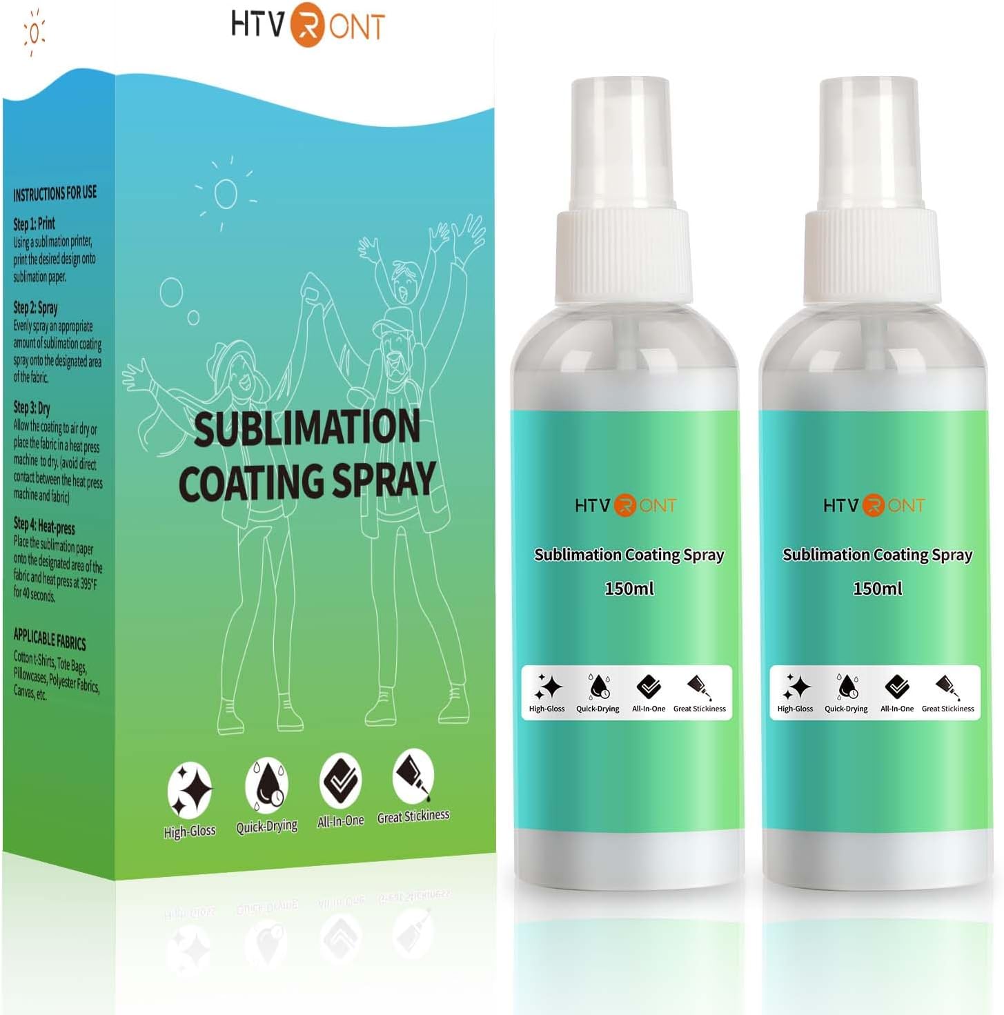 HTVRONT Sublimation Coating Spray for Cotton Shirts 2x150ml, Sublimation Spray for All Fabric, Canvas, Carton, Pillow, Sublimation Spray Quick Dry & High Gloss, Vibrant Color & Strong Adhesion
