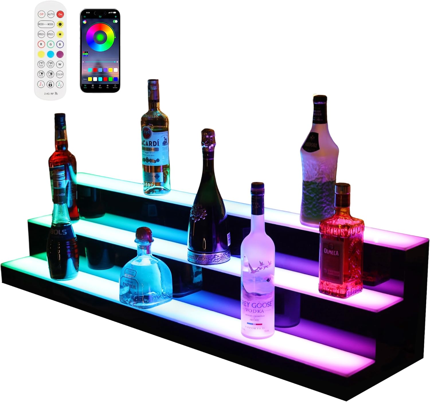 Acrylic Led Lighted Liquor Bottle Display Bar Shelf Alcohol Whiskey Shelves Rack Stand Tray Units for Home Bar Living Room with Remote Control 48 inch 3 Steps