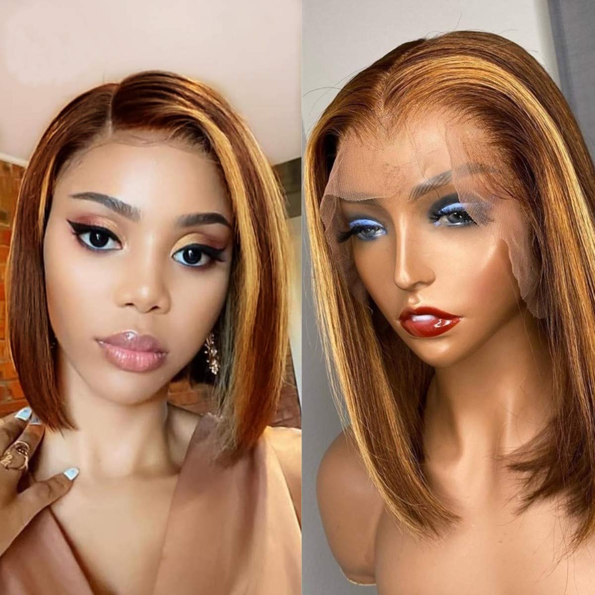 4X4 Highlight 4-27 Lace Closure Wig Short Bob Lace Front Wigs Human Hair Bleached Knots Brazilian Remy Human Hair Wigs Pre Plucked. (10inch, Density 150)