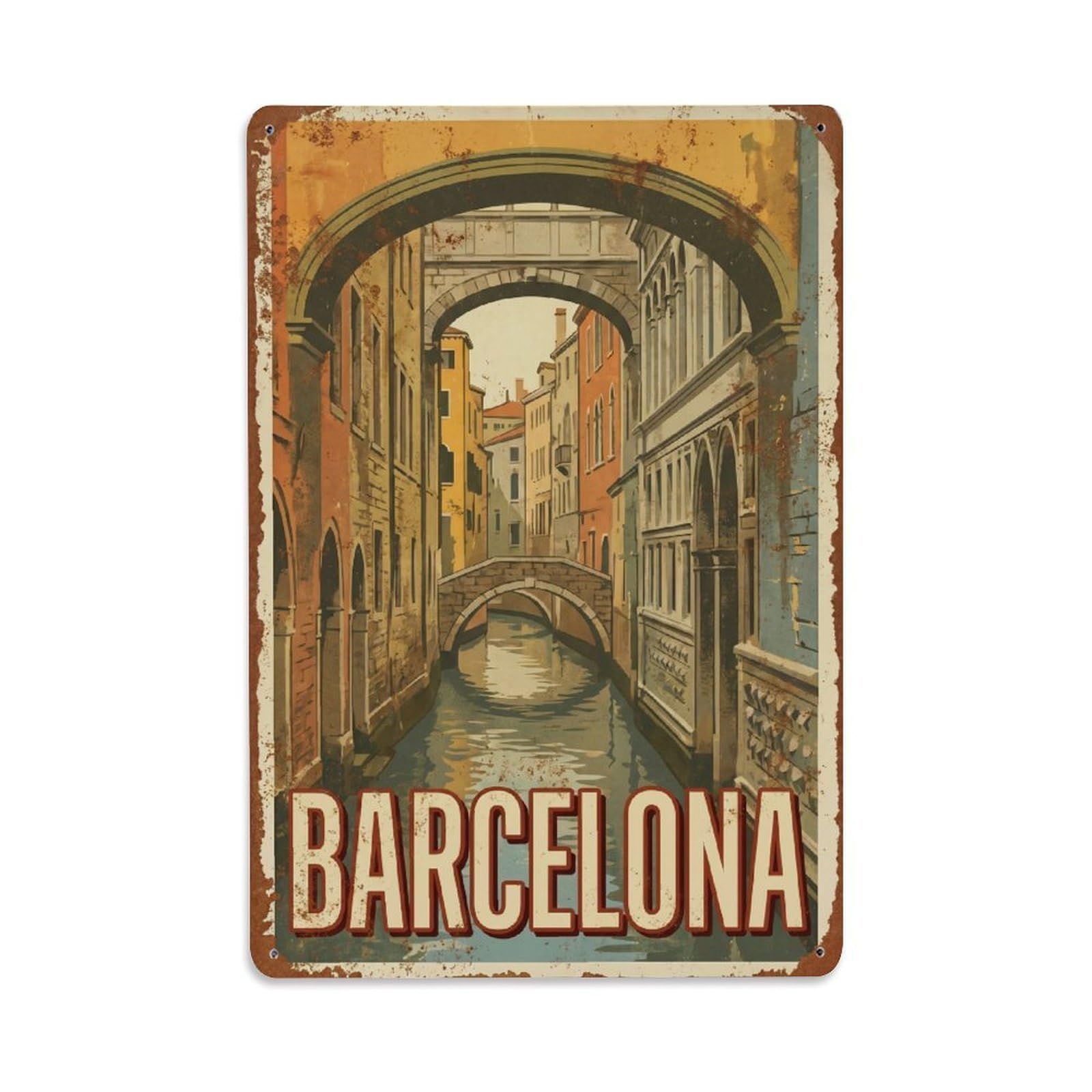 Vintage Travel Canals Spain Narrow Metal Tin Sign