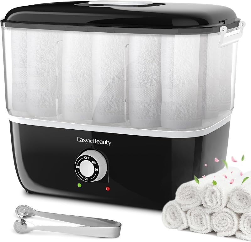 EASYINBEAUTY Calentador de toallas calientes para tratamientos faciales, vaporizador de toallas de 5 l - Calienta de 1 a 5 minutos | Capacidad para 16 toallas pequeñas, calentadores de toallas portátiles con temporizador de apagado automático para Spa, barbería, manicura, masaje, para calentador de toallas esteticista