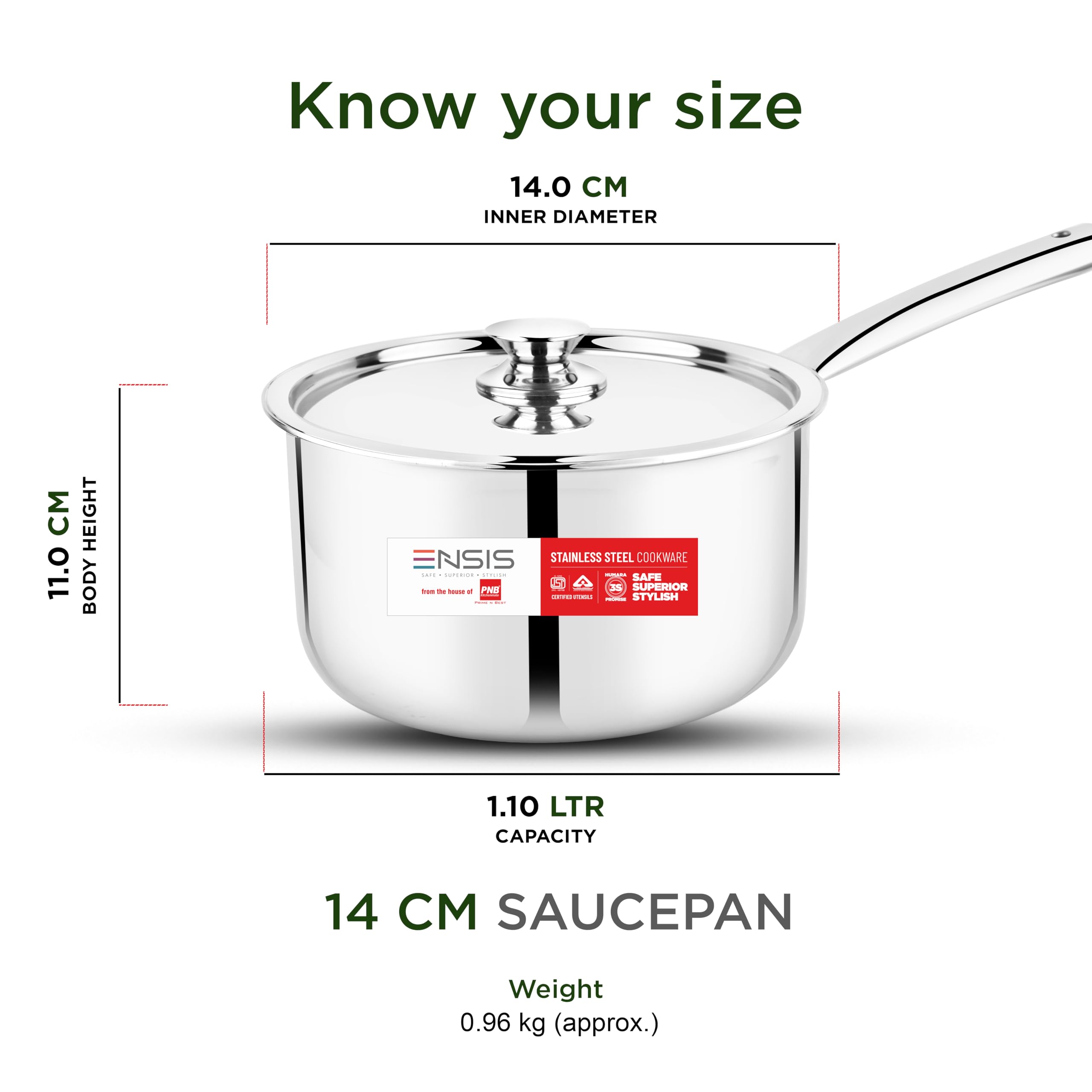 ENSIS triply Sauce pan with Lid | Stainless Steel Cookware | 1.14 Liter Sauce Pan for Tea | 14 cm Induction Saucepan Stainless Steel - 5 Year Warranty | Saucepan with lid (14 cm) — Amazon image 2