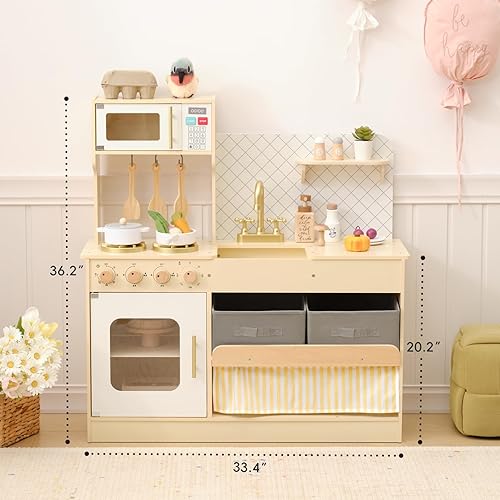 Miniatura 2 de OOOK Juego de cocina de madera con sistema de almacenamiento, cocina para niños con muchas características de juego, juego de cocina para niños