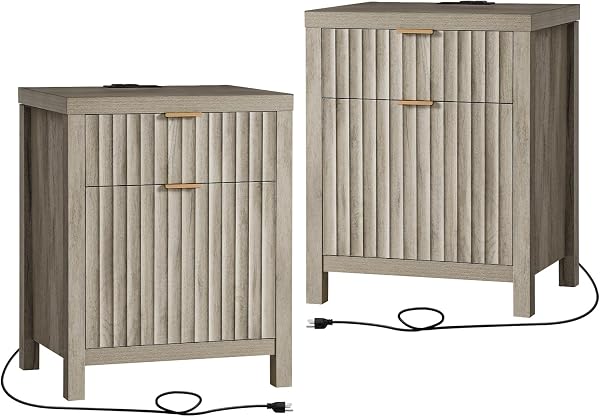 OAKHAM HOME Oxford 2 Drawer Nightstand, End Table with Charging Station, Night Stand with Fluted Panel, Bed Side Table