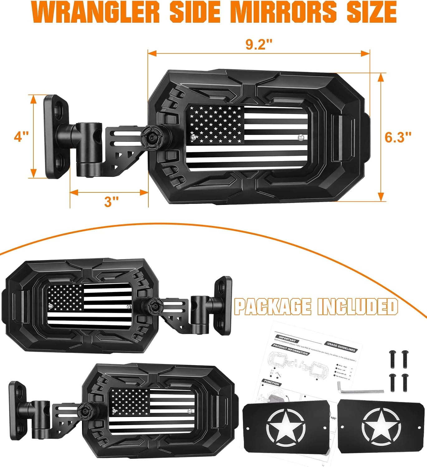 Aluminum Wrangler Mirrors Doors Off for 1997-2018 Jeep Wrangler LJ TJ JK/JKU Accessories, Wider View Foldable JK Side Mirror Replacement Kit, No Vibrate & Wobble, Easy Install, Not Fit Doors On