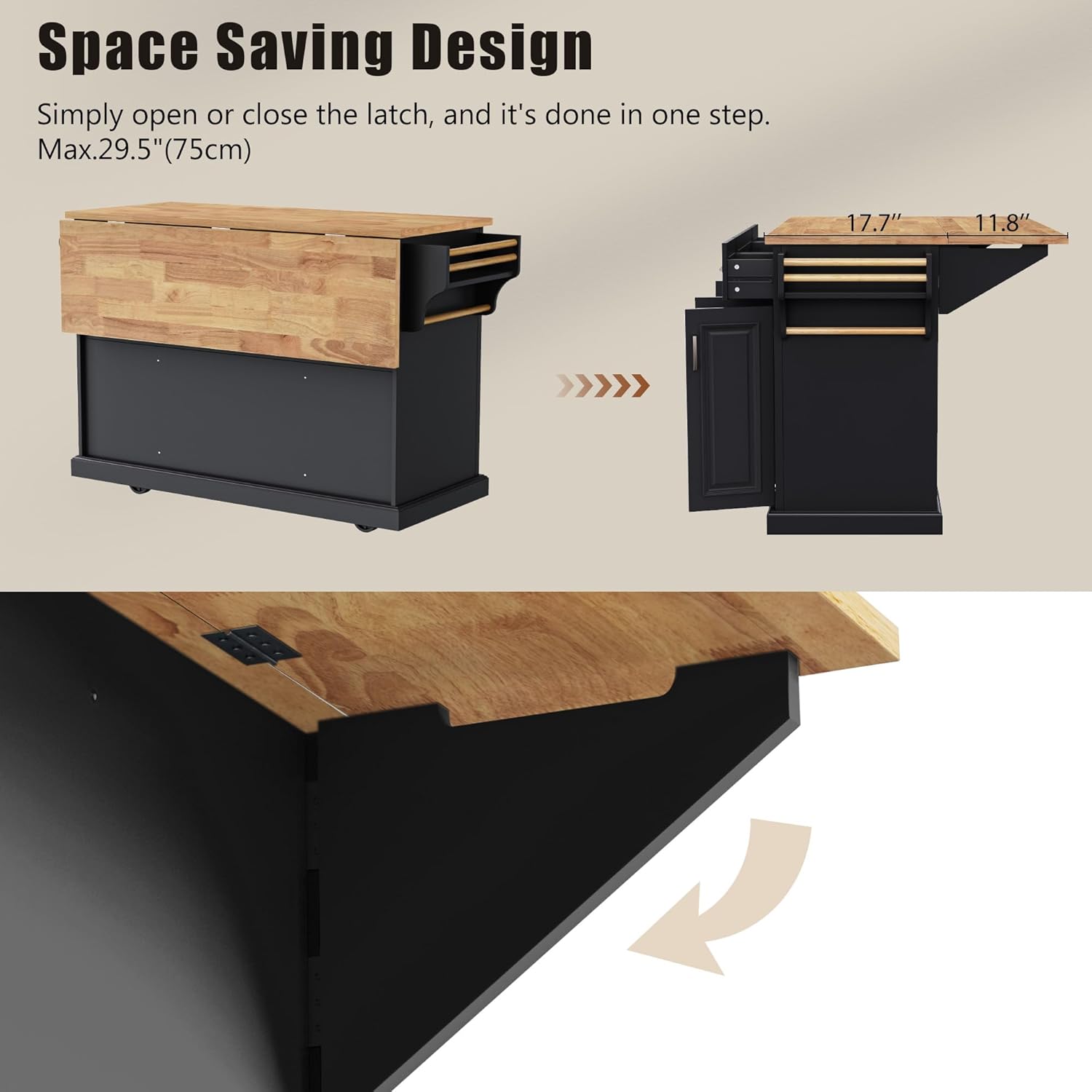 Yayzy Rolling Kitchen Island with Drop Leaf, 4 Cabinet Doors, 3 Drawers & Side Storage Racks, Mobile Kitchen Cart with Rubberwood Top & Locking Wheels for Dining Room & Kitchen, 54-Inch, Black