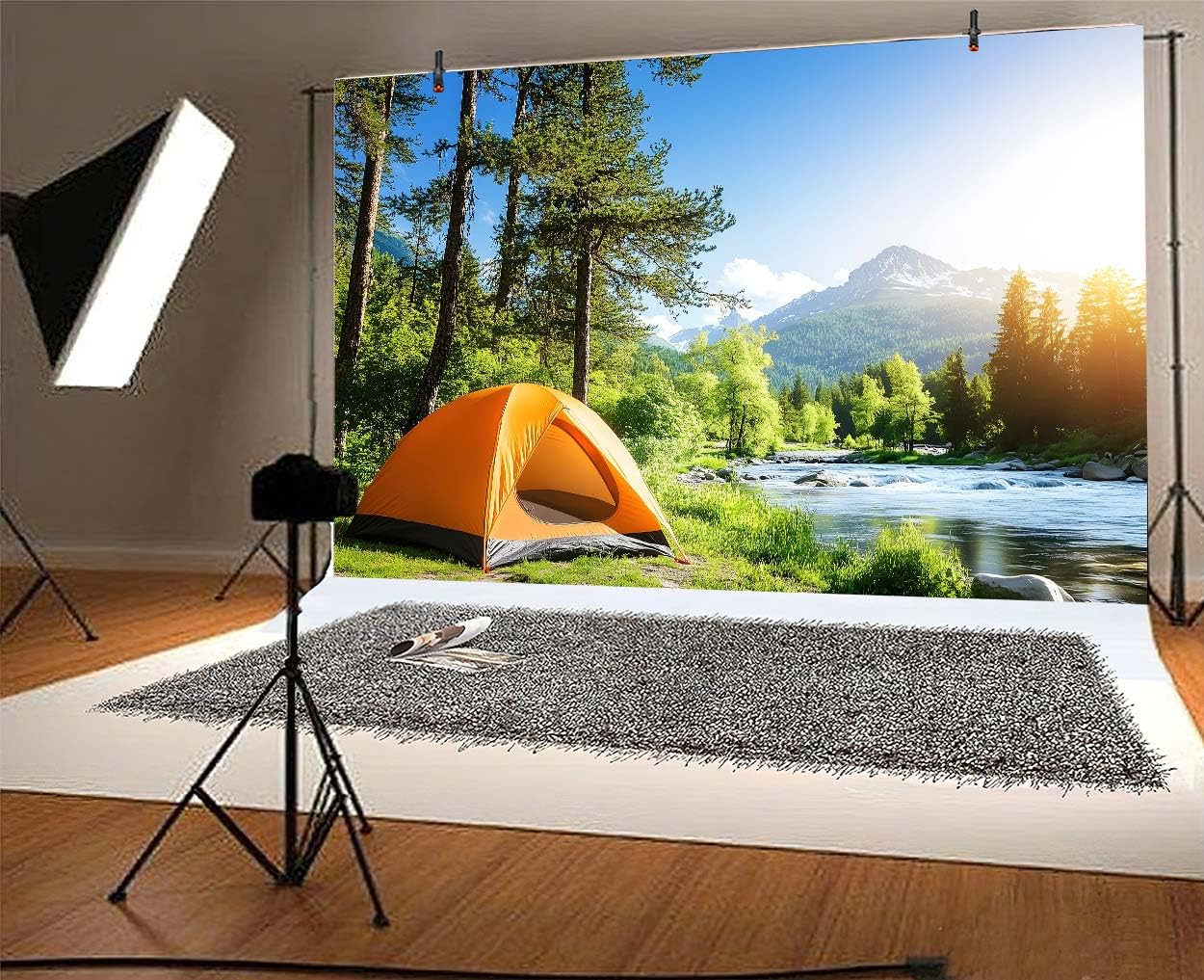 7x5ft Camping Backdrop, Outdoor Camping Tent Green Forest Pine Trees Lake Scenery Background, Spring Summer Camp Picnic Camper Party Decorations Photo