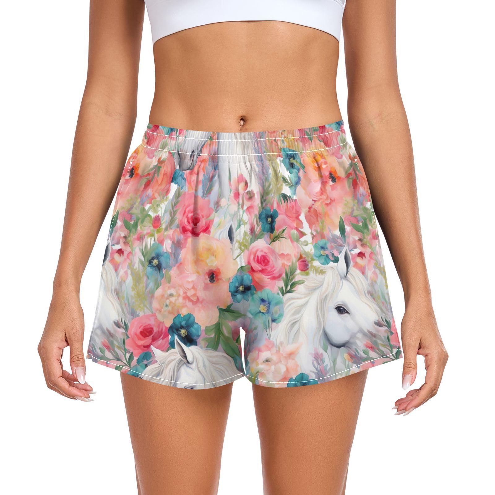 UMIRIKO Women's Athletic Shorts White Horse Pink Flower Running Shorts Sporty Short Gym Elastic Workout Shorts 202b3017