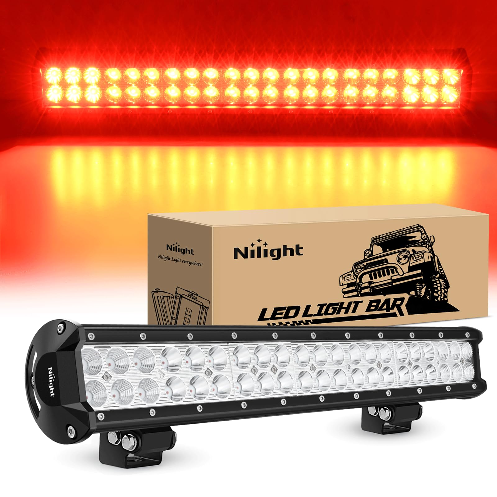 Nilight LED Light Bar 20 Inch 126W Spot Flood Combo Red Beam Off Road Lamp Fishing Hunting Emergency Deck Work Lighting for Trucks UTV Pick-up Van Boat Tractor