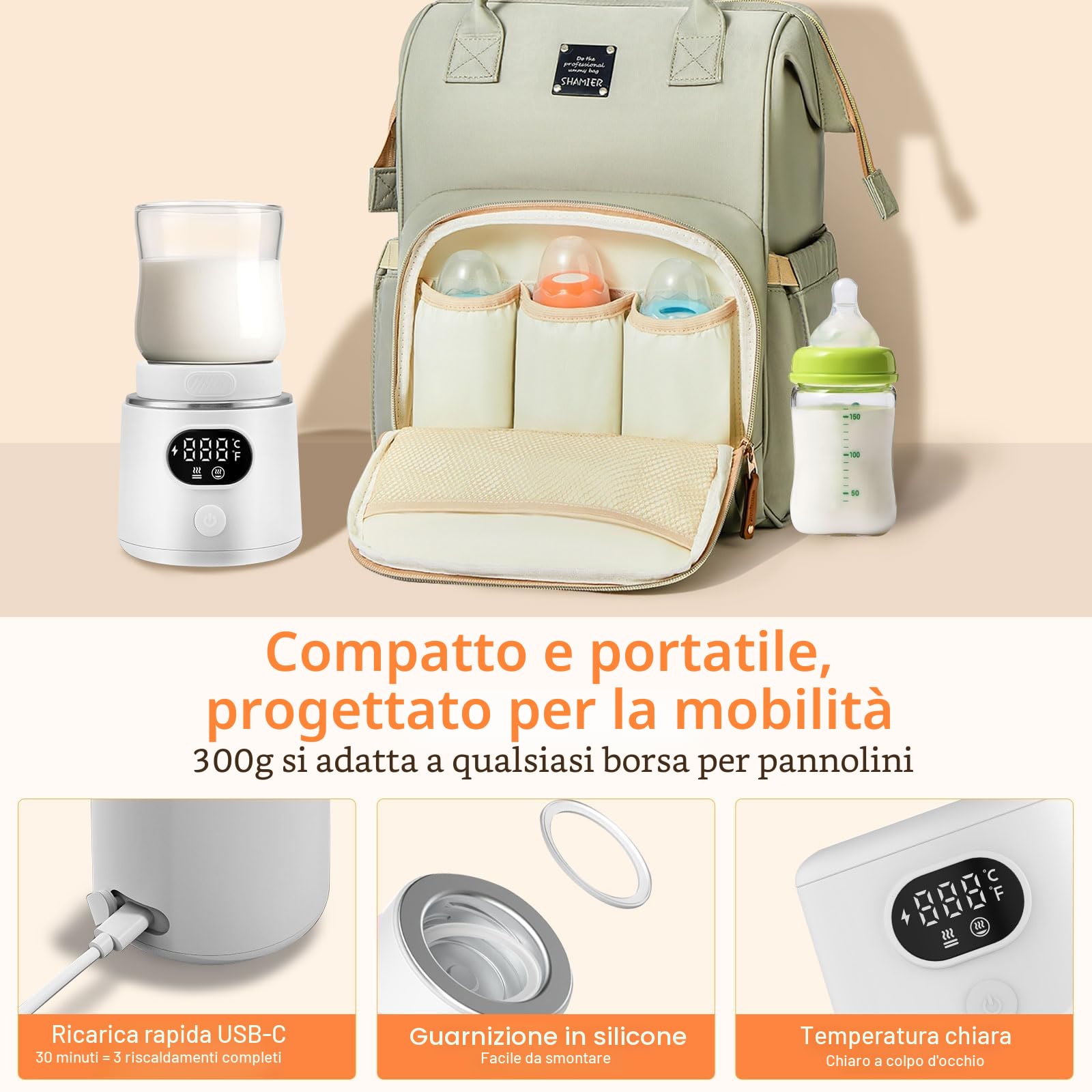 Scaldabiberon, portatile, scaldabiberon rapido con cavo USB, scaldalatte, portatile per neonati, scaldabiberon per casa/viaggio