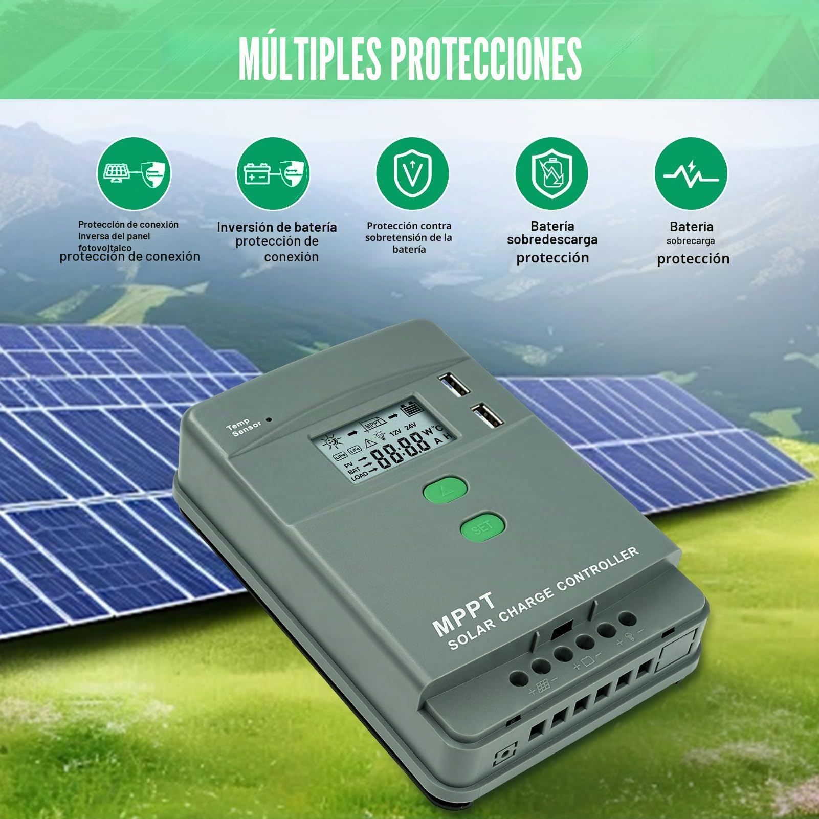 Controlador de carga solar 12V 20A Bluetooth mppt regulador solar Doble USB Identificación automática 12V/24V Tensión máxima de circuito abierto 60V Pantalla LCD MRL20