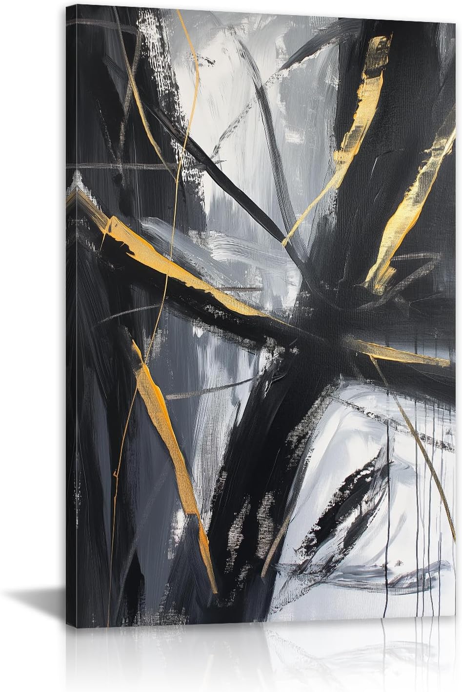 JINLUNTA Black Gold Grey Abstract Canvas Wall Art Luxury Textured Brushstroke Pa…