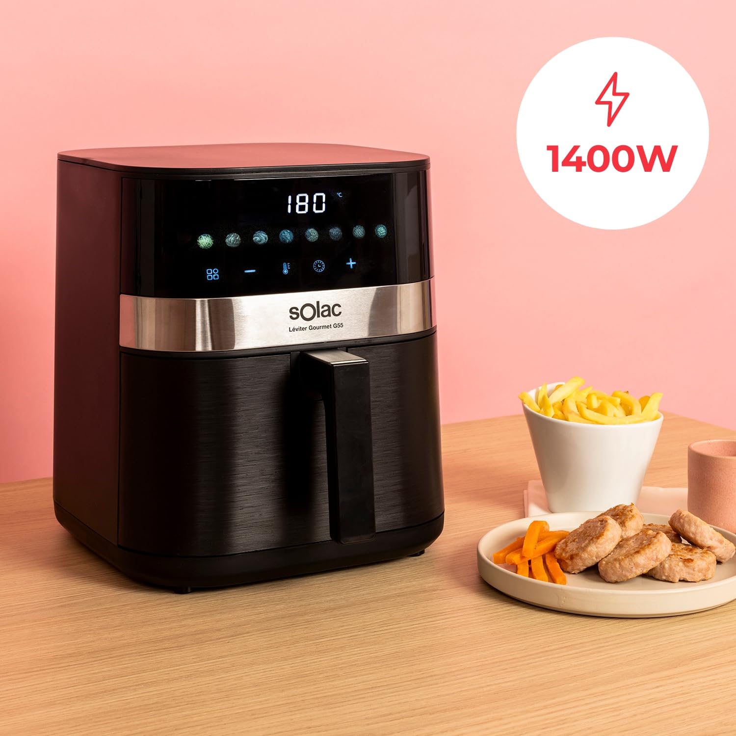 Solac Léviter Gourmet G55 frytkownica na gorące powietrze, 5,5 l, 8 programów, cyfrowy wyświetlacz, regulowana temperatura: 80–200°C, timer 60 min, metalowa strona wewnętrzna, nieprzywierająca powłoka