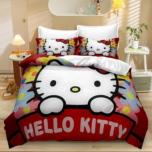 Juego de ropa de cama con estampado de Hello Cat para niñas, juego de funda de edredón con estampado de flores de gatito en 3D con cierre de disponible en Yaxa Venezuela