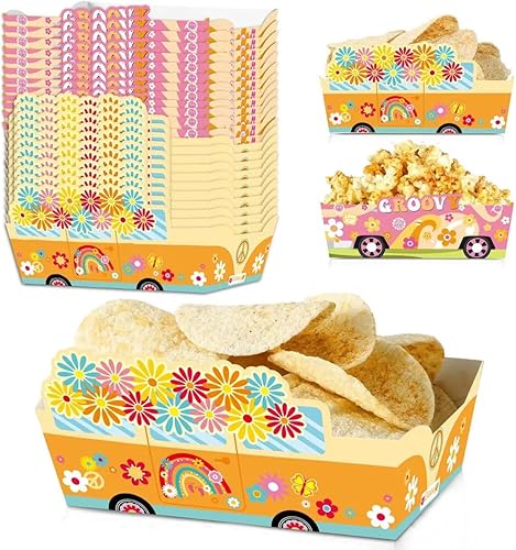 24 unidades de suministros de fiesta de los años 70, bandejas de comida de papel Groovy, bandeja desechable para servir nachos, botes de comida para