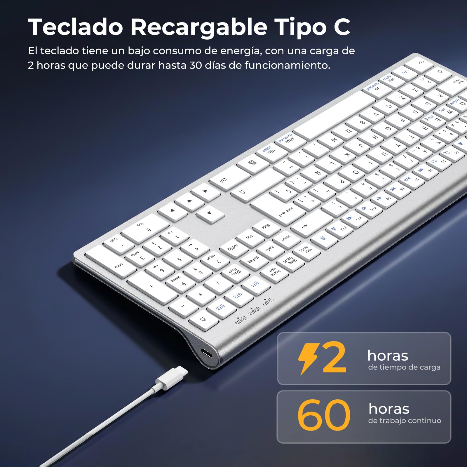 cimetech Teclado Bluetooth Recargable, QWERTY Español Layout, Teclado Inalámbrico EasyTyping Teclado de diseño ergonómico, Ultrafino para Ordenador/PC/portátil/Windows 10(Plata)