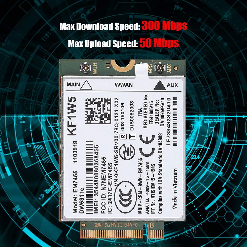 EM7455 for Dell DW5811e 3P10Y Qualcomm 4G LTE WWAN NGFF Card Module, LTE Support (North America/EMEA) -B1 (2100 MHz), B2 (1900 MHz), B3 (1800 MHz), B4 (1700 MHz AWS), B7 (800