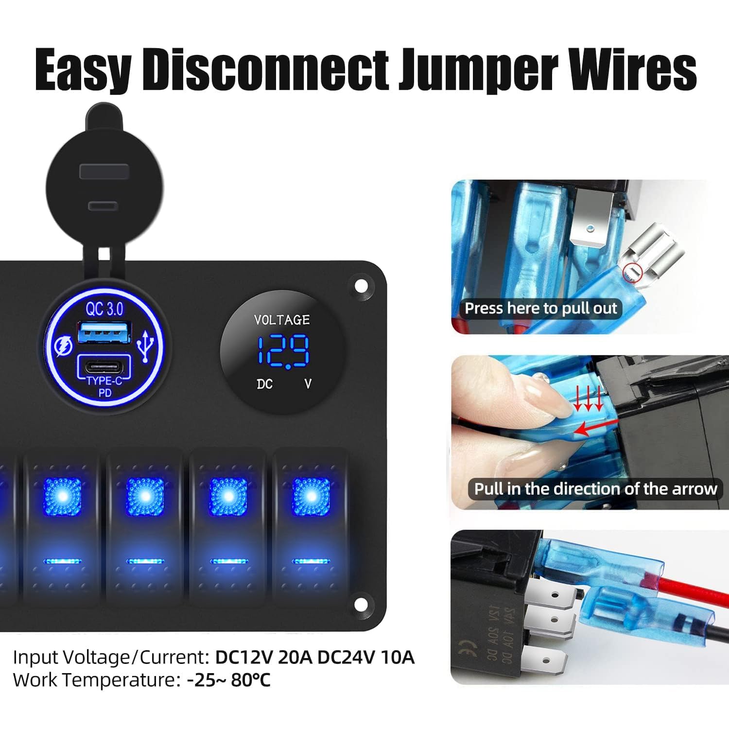 FXC 15A Inline Fuse 6 Gang Marine Rocker Switch Panel Waterproof 12 Volt Toggle Switch Panel Blue LED Lighted for Boat Car RV UTV with QC3.0 USB & Type-C + Cigarette Lighter Socket + Voltmeter