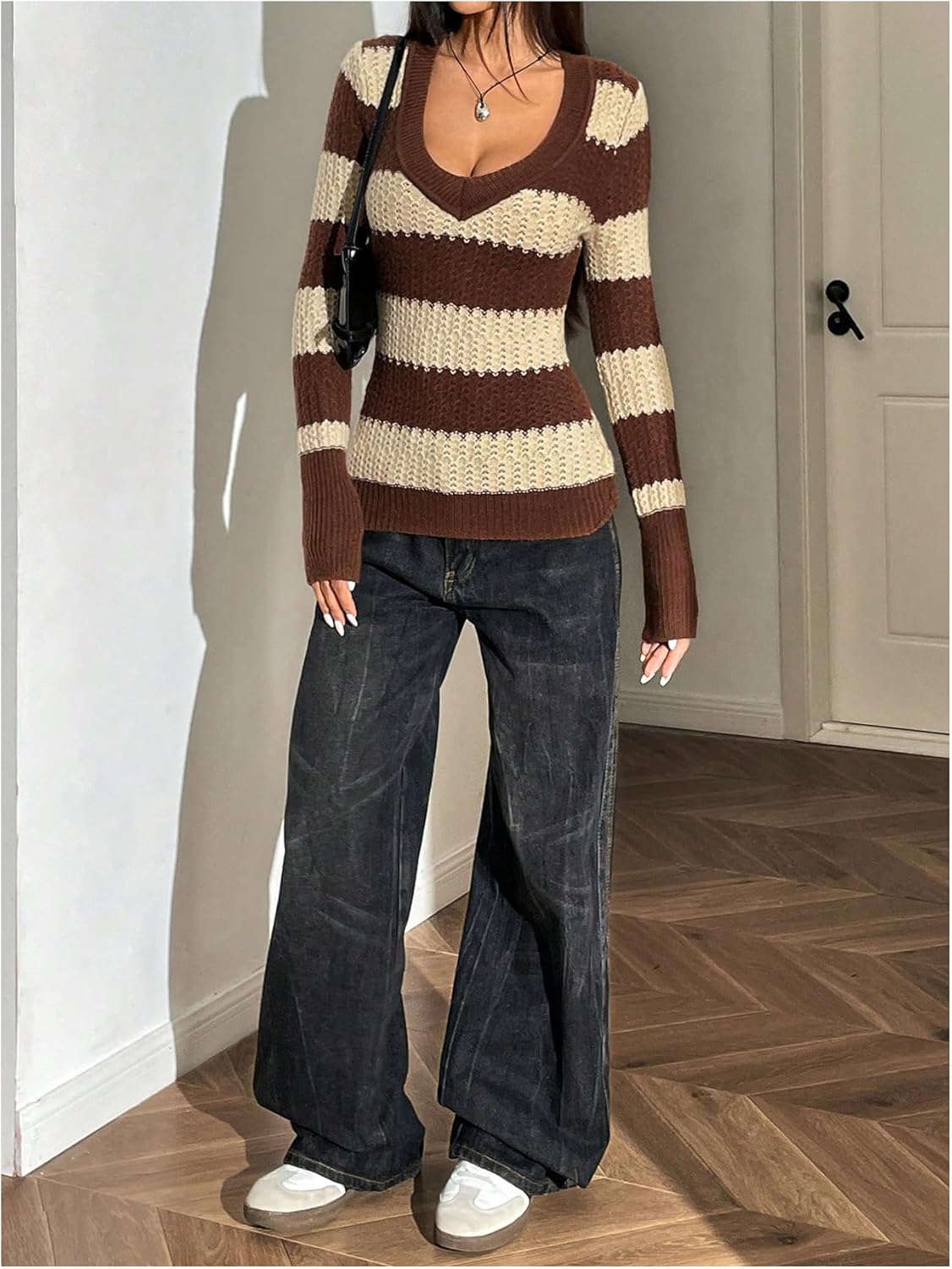 SweatyRocks Women's V Neck Striped Sweaters Long Sleeve Textured Knit Top Slim Fitted Sweater Tops - Image 5
