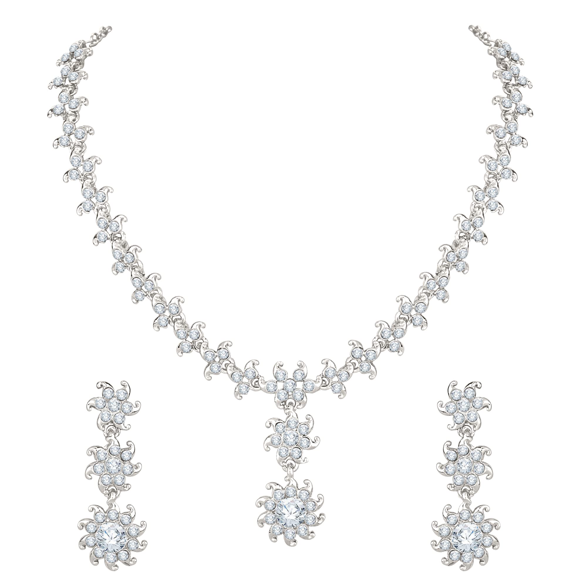 Atasi InternationalSilver Plated Crystal AD Diamond Necklace Jewellery Set with Earrings for Women and Girls Suits Best Party, Wedding and Occasional Wear (R5597)