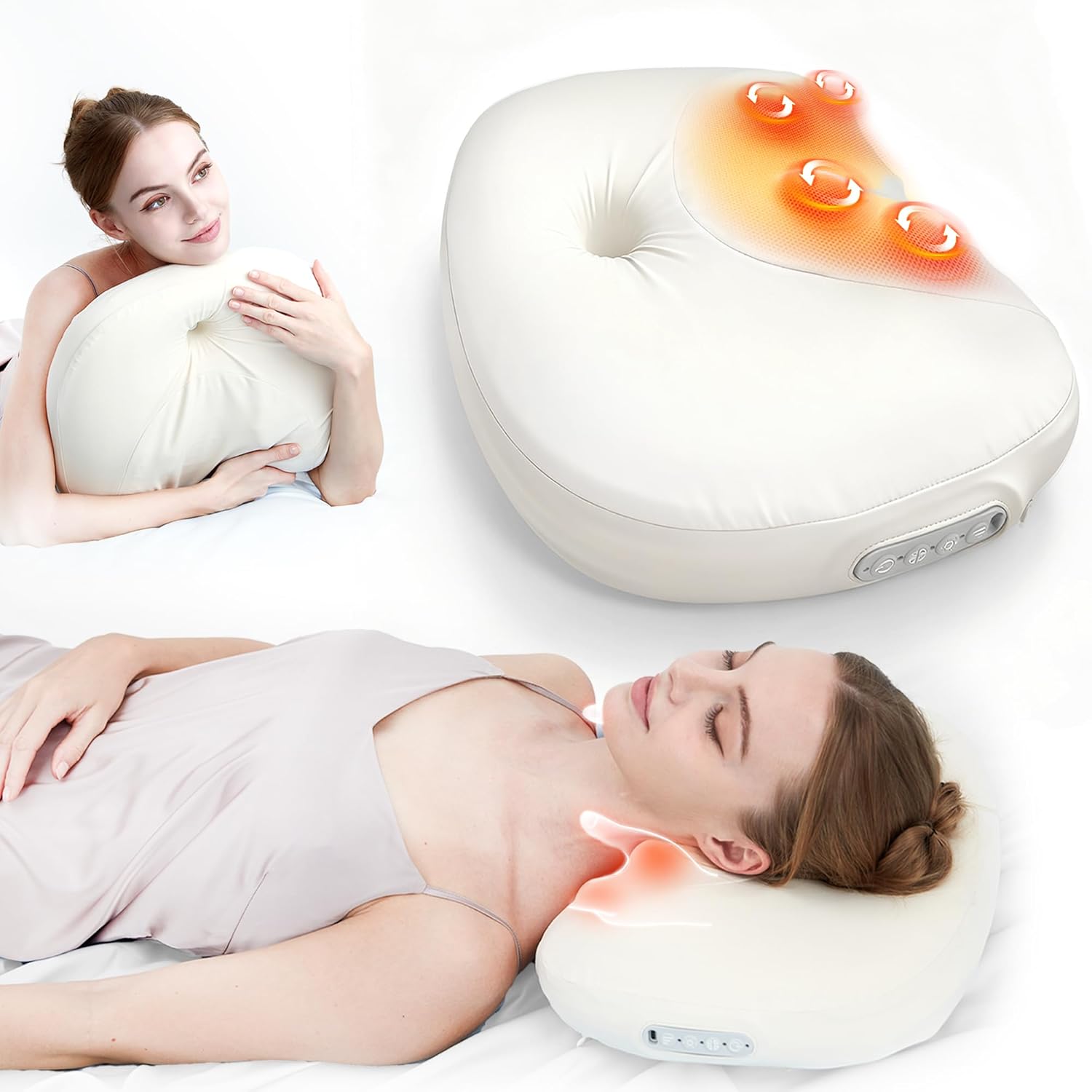 Shiatsu Neck Massager for Pain Relief deep Tissue Before Sleeping, Cervical Neck Massager Pillow with Heat,Cordless & Memory Foam,Gifts for Mom, Dad, Women, Men (Cream)
