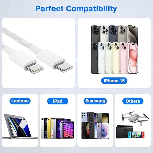 Miniatura 7 de Cable USB C a USB C de 10 pies para iPhone 15, paquete de 2 cargadores tipo C trenzados de 60 W, cable de carga rápida para iPhone 1515 Pro15 Pro